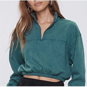 Cropped Half Zip Sweatshirt‎ Forever 21 Cotton Blend Teal Green Women’s Size L